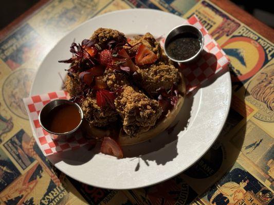 Chicken & Waffles w/ hot honey & whiskey maple syrup