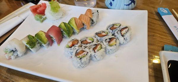 Salmon avocado roll (right) and rainbow roll (left)