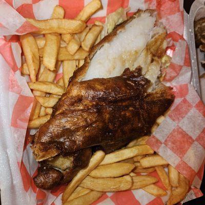 Fish. The breading was burnt and hard as a rock.