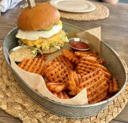 Cheeseburger w/ added egg and sweet potato waffles fries