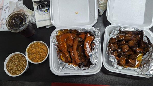 Burnt ends, chicken, ribs, yams, and pigeons/rice! That's what I call dinner. So good!