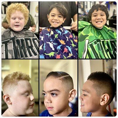 B&A - left: 9 yr old got short on top w/fade on side, middle: 4 yr old got short comb over w/fade, right: 8 yr old got short mohawk w/fade