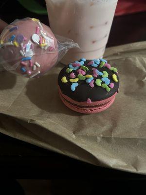 Starburst drink with a birthday cake pop and chocolate marshmallow macron.