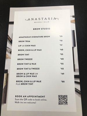 Anastasia Brow Studio service menu