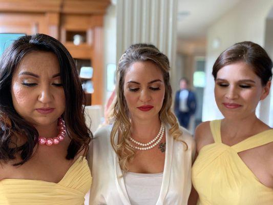 Bridal makeup, hair for bridesmaid in yellow dress without necklace.