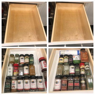 For clients who prefer to have nothing on there kitchen counter tops , theses 3 tier spice racks fit perfectly inside drawers .