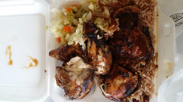 Jerk chicken and rice and beans and steamed veggies