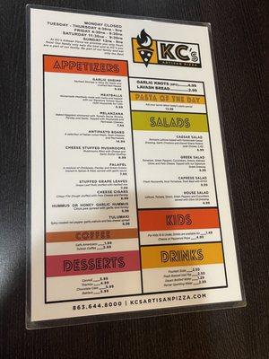 A picture of their menu