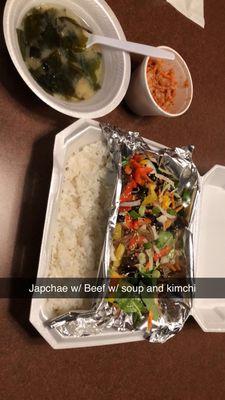 Japchae w/ beef, miso soup and kimchi