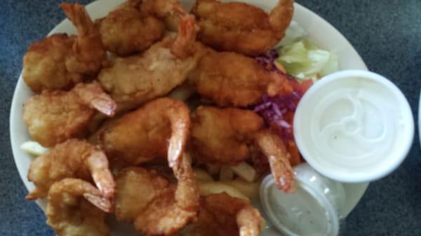 The best shrimp plate in the valley. This is a dozen shrimp over fries with a big baked bread roll.