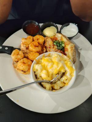 Grilled chicken and shrimp.  Mac n' cheese Loaded baked potato