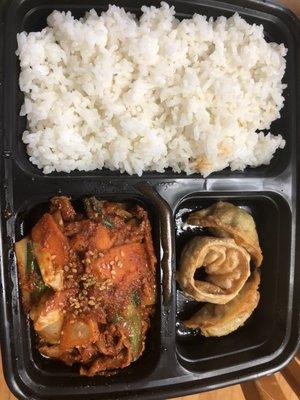 Spicy pork bulgogi stir fry box with Korean dumplings  $15 with a choice of soup or kimchi