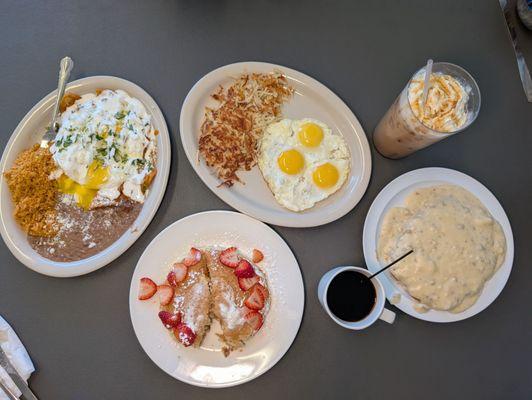 Chilaquiles pancakes iced coffee and country fries steak