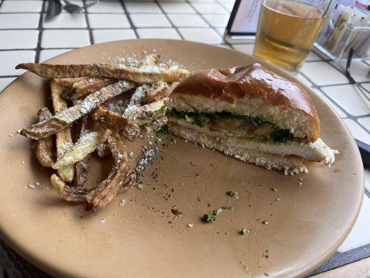 Grilled chicken Sammy with pepper/parmesan fries