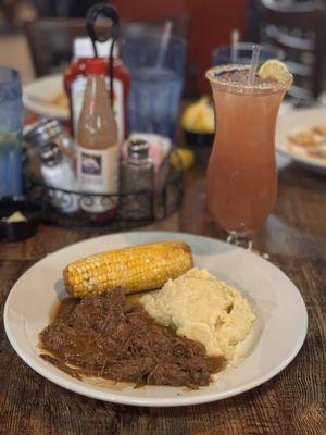 Roast, Potatoes & Gravy $25.00 Slow cooked brisket flat debris served with garlic creamed potatoes & grilled sweet corn