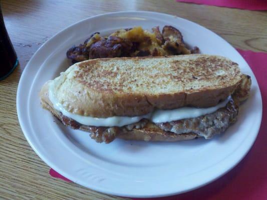 French toast with sausage provolone and hash browns