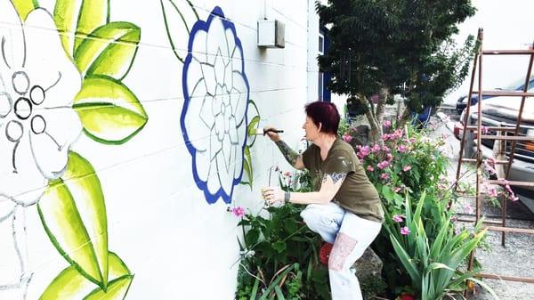 Suzanne working on the mural, September 2015