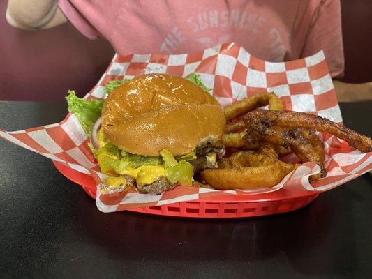 Green Chili Burger and Beer Battered Onion Rings