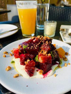 Salad Special...marinated beets with whipped feta, orange, pesto and toasted hazelnuts. Sooooo good!