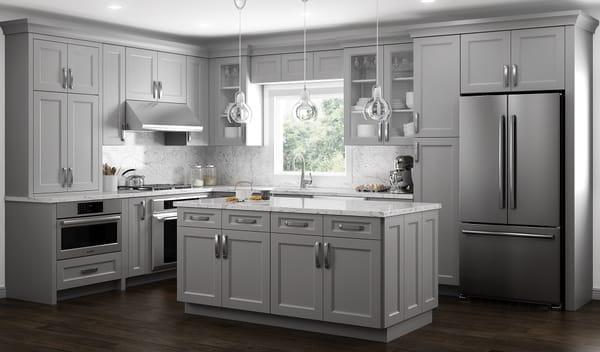 European Style, Warm Gray Color Transitional Kitchen Cabinetry