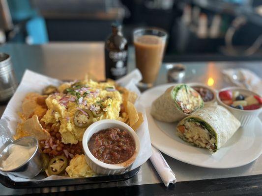 Breakfast nachos and veggie burrito with culture cold brew coffee