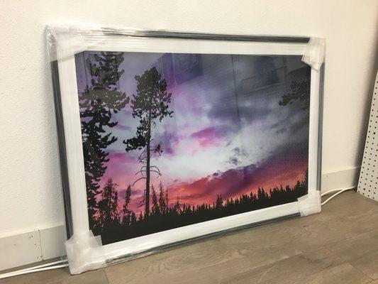 24 x 36 print on premium luster photo paper with a 2" white mat and black frame