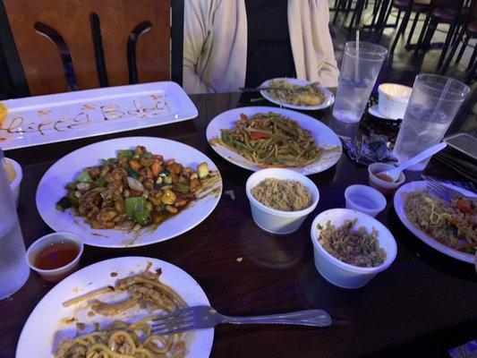 We had a little bit of everything. Lo mein, fried rice, garlic chicken, Kung Pao chicken, sweet and sour chicken.