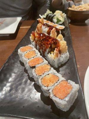 Spicy tuna roll, shrimp tempura, Boston roll and salmon roll