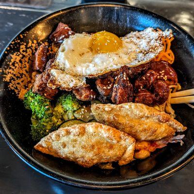 Crispy pork bowl with miso soup.