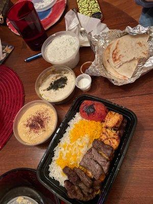 Mast O Khiar, Hummus, Kashke Bademjan, Kabob Combo for 1