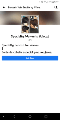 Specialty women's haircuts - $15 according to their services tab on their FB page.