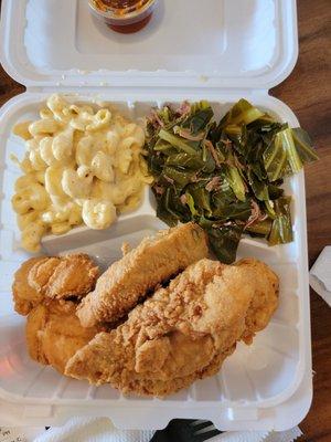 4 PC tenders mac and cheese greens hot honey sauce