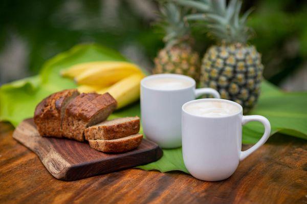 Fresh-baked banana bread and coffee.