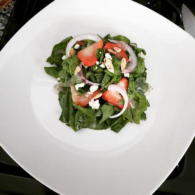 Strawberry Spinach Salad with Shaved Almonds, Feta Cheese, Red Onions and Poppyseed Dressing