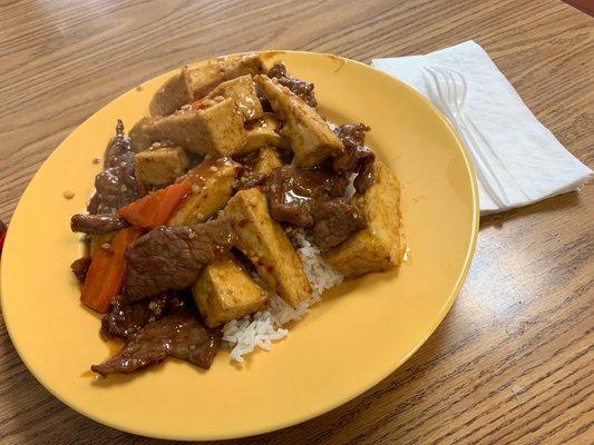 Beef tofu with beef over rice fresh hot.huge portions.