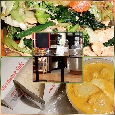 Besides pad thai & Tom Yum soup, mixed veggies ^ & yellow curry v are all yum. Choice of protein. Pandemic order table (c)