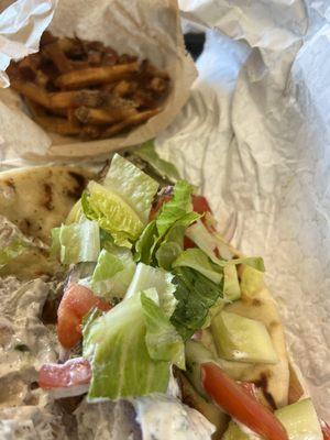 Chicken souvlaki with hand cut French fries.