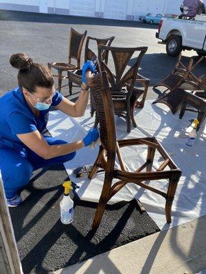 Detailed hand cleaning on specialized furniture fir contaminated cleaning of fire and mold.