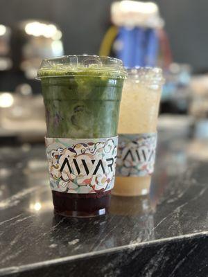 Iced berry matcha latte and yuzu lychee spritzer