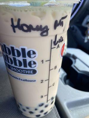 Honey milk tea (light ice, added (brown sugar) boba)