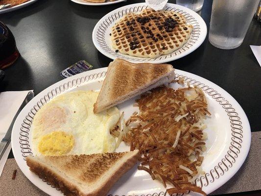 Hash browns, toast, eggs,waffles,