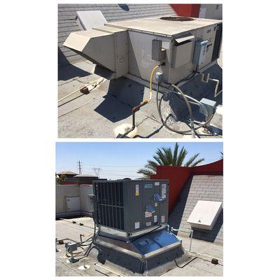 Before and after of a rooftop package unit replacement.