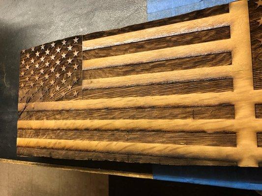 customer provided wood piece w/ laser engraving american flag