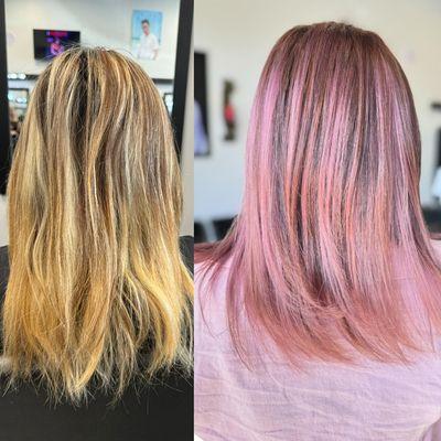 Blonde and unhealthy hair on the left. After a toner service our friend left with the PINK healthy hair she wanted!