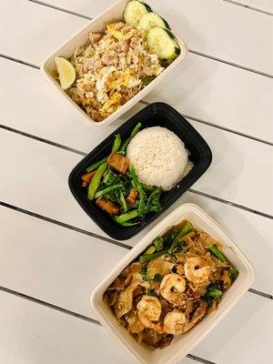 Crab Fried Rice, Chinese Broccoli + Crispy Pork, Shrimp Pad See Ew