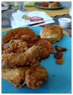 Chicken Strips, Steak Fries and Biscuit.