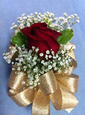 Single Red Rose Corsage w/ Gold Ribbon...Neighborhood FAVORITE!