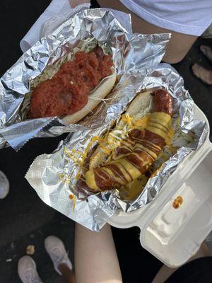 kimchi sausage on a bun with Andy's salsa & King Kong