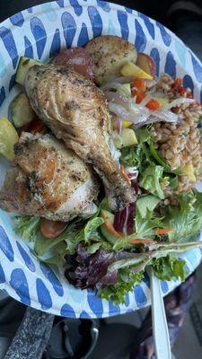 Roasted chicken, sautéed veggies, bulgur, green salad