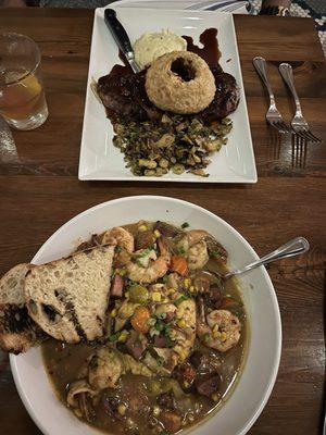 Nola shrimp and grits and ribeye.